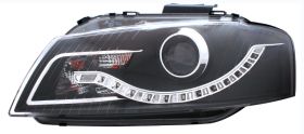2006-2009 Audi A3 R8 Style Halo Projector Headlights w/ LED - Black - 02-AZ-AA306-PBC