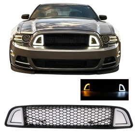 2013-2014 Ford Mustang Base/V6/GT Front Bumper Upper LED Grille Black - HG-FM13LED-U