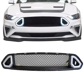 2018-2019 Ford Mustang R-Spec Black Front Bumper Upper Grille Hood With DRL LED - HG-FM18R-LED-U