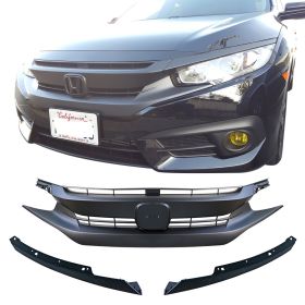 2016-2018 Honda Civic Coupe/HB/Sedan OE Style Grille + Eye Lid Eyebrows Matte Black ABS - HG-HC16OE3P-MBA