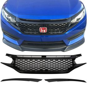 2016-2018 Honda Civic Coupe/Sedan Gloss Black Mesh Grille With 2PC Eyebrows - HG-HC16SI3P-BK