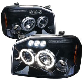2001-2004 Nissan Frontier Halo LED Gloss-Black-Smoke Projector Headlights - 2LHP