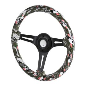 350mm Steering Wheel With Graphic Black Spoke Pink Flower Skeleton - SW-587-BK-MGKL