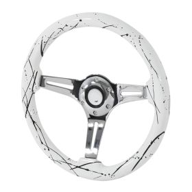 350mm Steering Wheel With Graphic Chrome Spoke White/black Splash OF Color - SW-WT-BKP