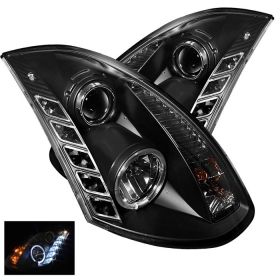 2003-2007 Infiniti G35 2DR Black Halo + LED DRL Projector Headlights - 444-IG350