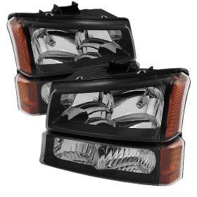2003-2006 Chevy Silverado 1500/2500/3500 Black Crystal Headlights + Bumper Light